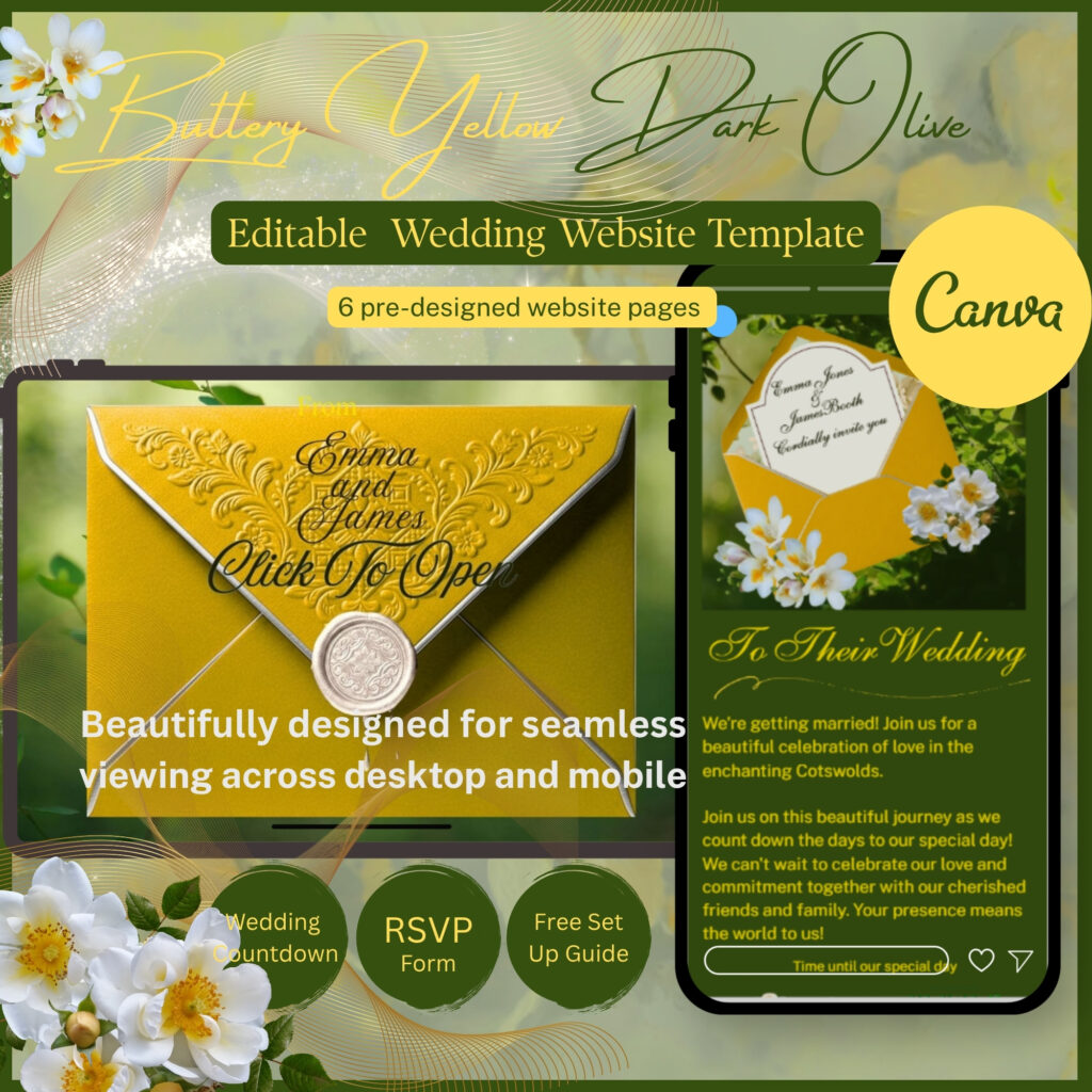 Buttery Yellow and Dark Olive Canva editable wedding website template