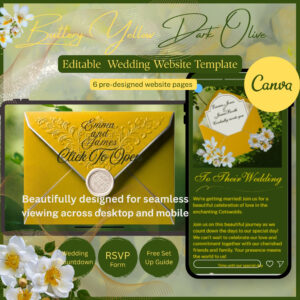 Buttery Yellow and Dark Olive Canva editable wedding website template