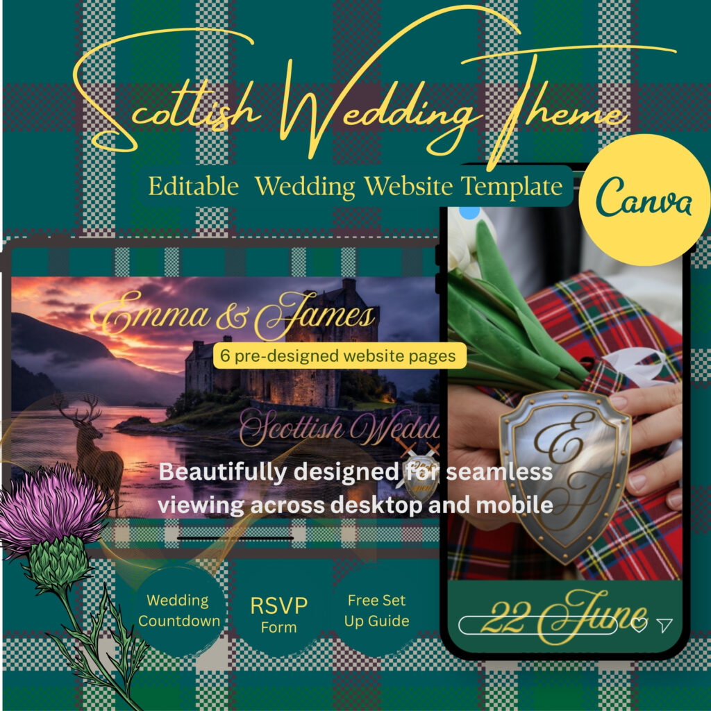 Destination wedding website for Scotland, Scottish, old money Canva website template with RSVP, wedding count down