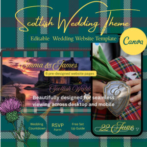 Destination wedding website for Scotland, Scottish, old money Canva website template with RSVP, wedding count down