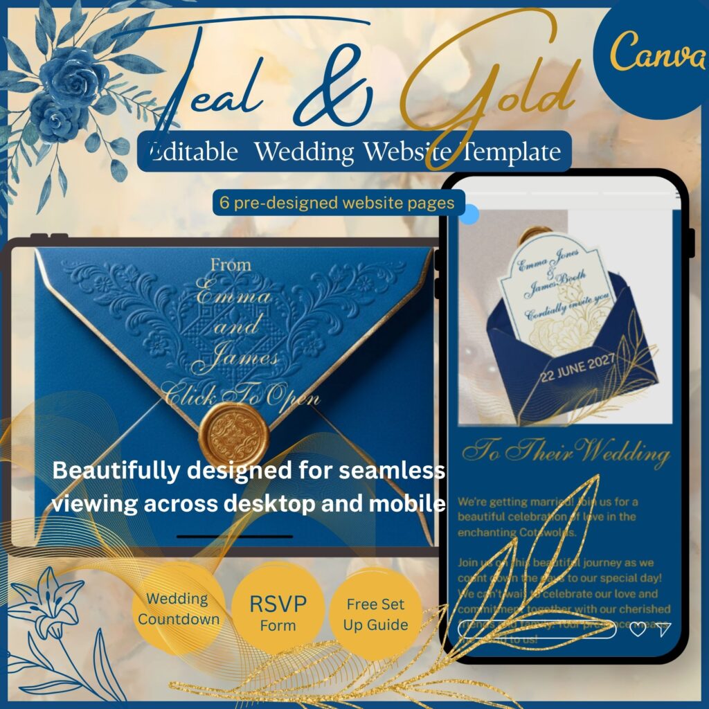 Dark teal and gold wedding website template Canva editable design