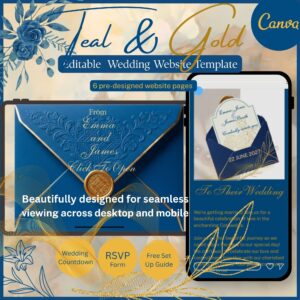 Dark teal and gold wedding website template Canva editable design