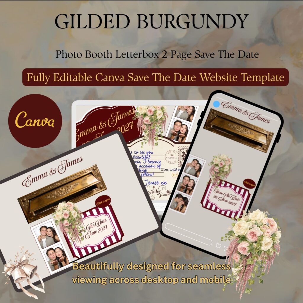 Burgundy Letterbox Photo booth save the date wedding website Canva template.