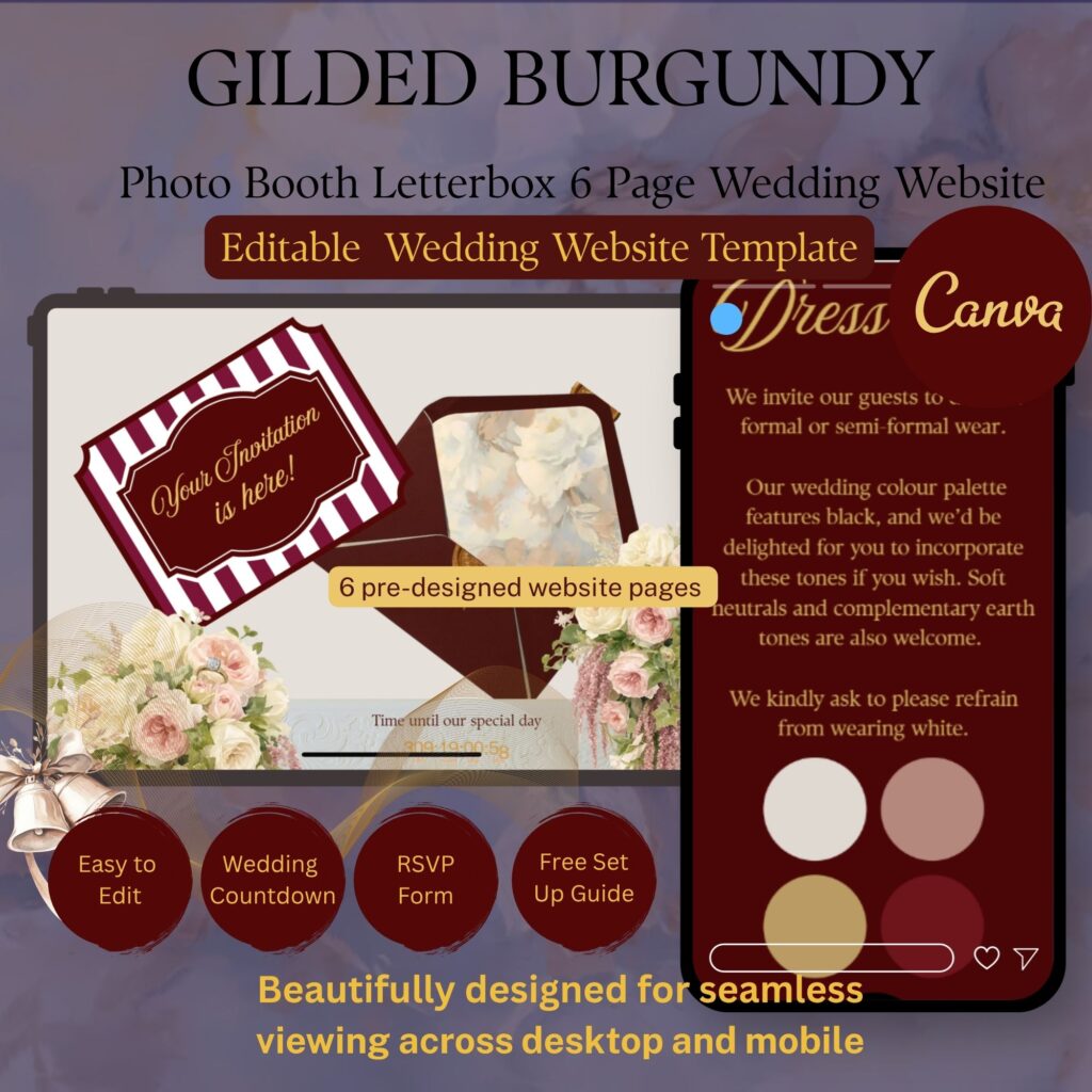 Guilded Burgundy wedding website template, fully editable in Canva for a paper free wedding.