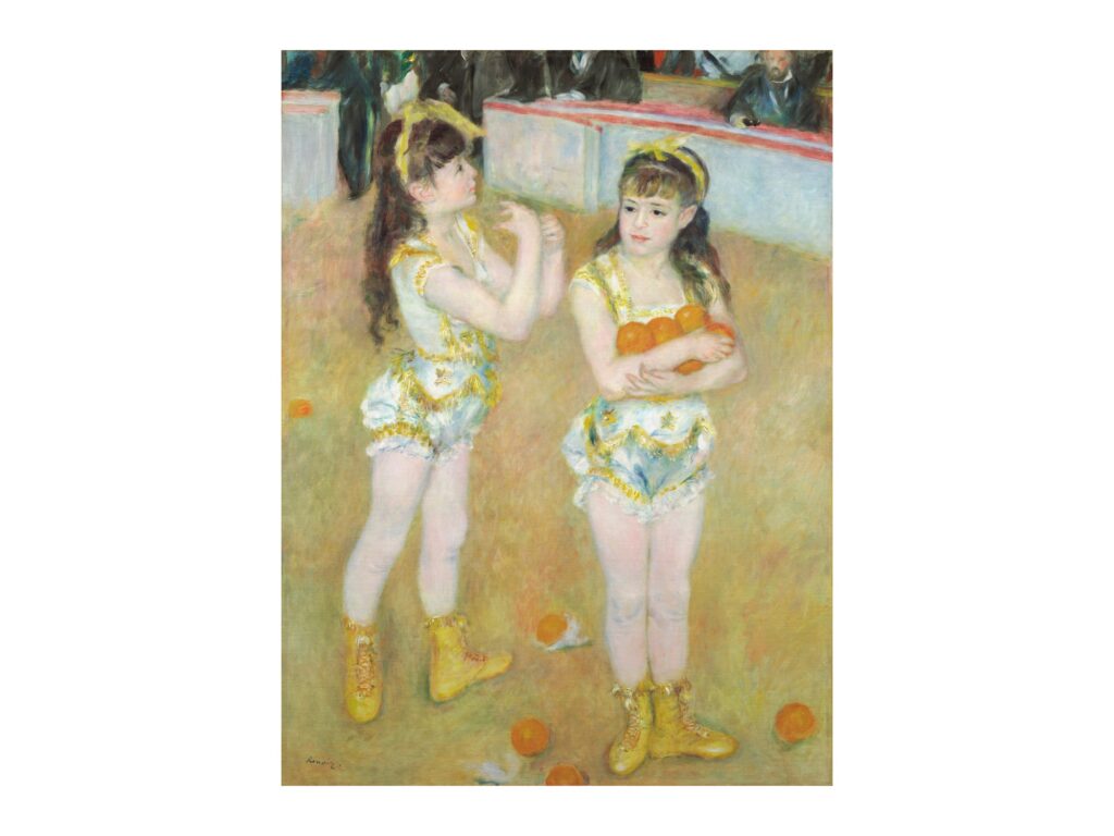 Vintage fine art poster Acrobats at the Cirque Fernando, Francisca and Angelina Wartenberg, by Pierre-Auguste Renoir 1879, framed wall art mockup