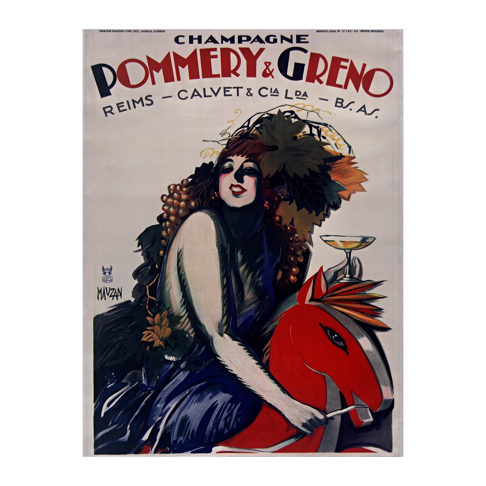 Vintage champagne poster Champagne Pommery and Greno Reims by Achille Mauzan 1930, framed wall art mockup