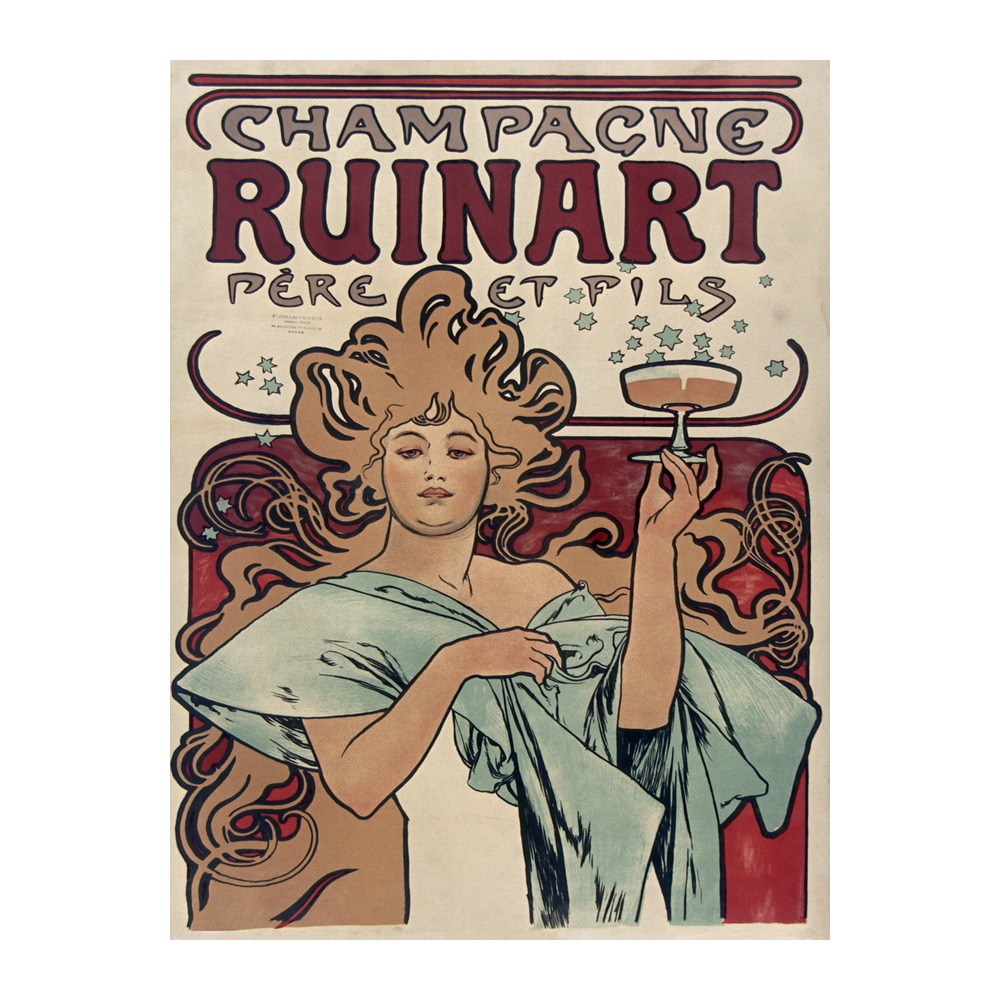 Vintage champagne poster Champagne Ruinart by Alphonse Mucha 1896, framed wall art mockup, from the Gatto Nero champagne poster collection