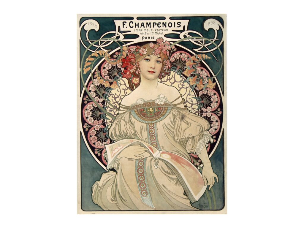 Vintage advertising poster F. Champenois imprimeur éditeur by Alphonse Mucha 1897, framed wall art mockup