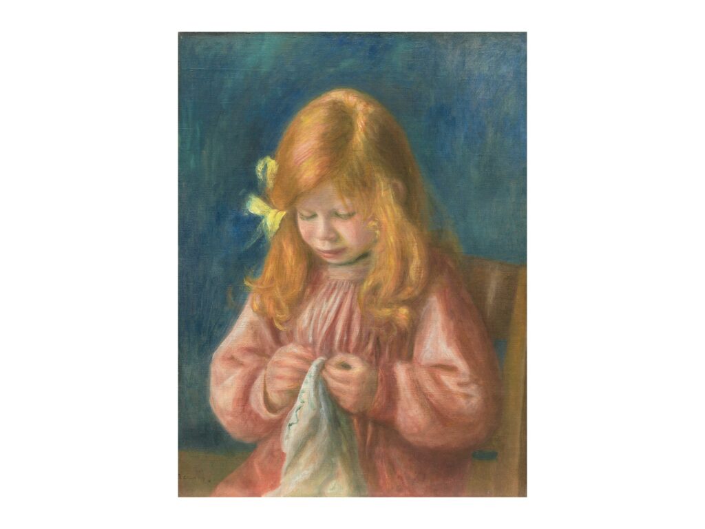 Vintage fine art poster Jean Renoir Sewing by Pierre-Auguste Renoir 1899-1900, framed wall art mockup
