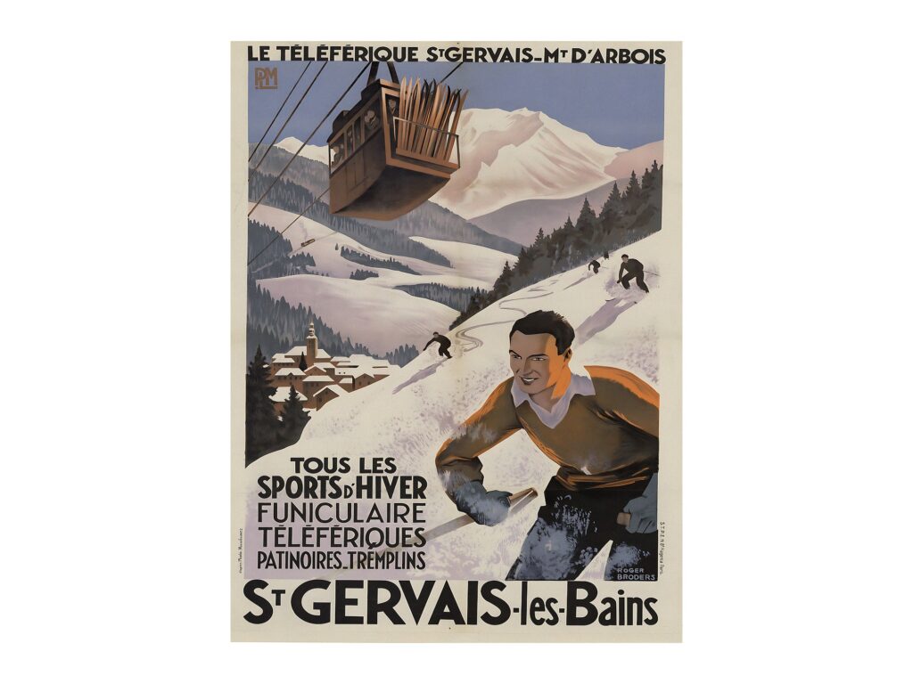 Vintage French travel poster Le téléphérique Saint-Gervais Mont-d'Arbois by Roger Broders 1930, framed wall art mockup