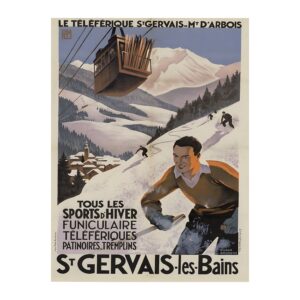 Vintage French travel poster Le téléphérique Saint-Gervais Mont-d'Arbois by Roger Broders 1930, framed wall art mockup