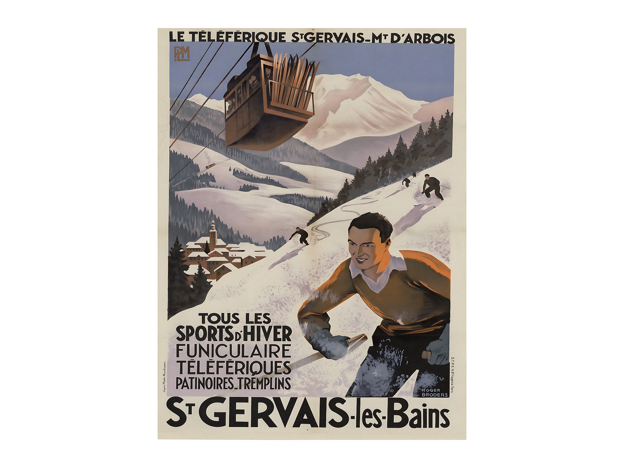 Vintage French travel poster Le téléphérique Saint-Gervais Mont-d'Arbois by Roger Broders 1930, framed wall art mockup