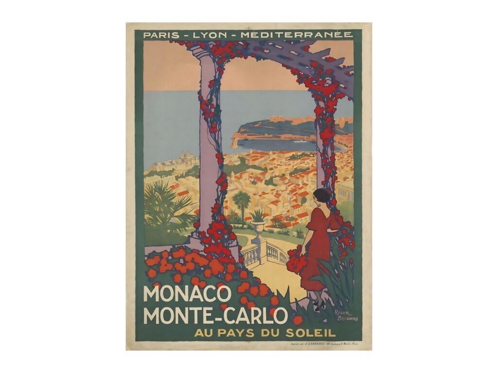 Vintage French travel poster Monaco Monte-Carlo Au Pays du Soleil by Roger Broders 1920, framed wall art mockup