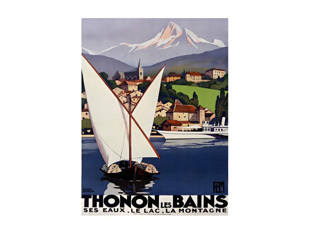 Vintage French travel poster PLM Thonon-les-Bains ses eaux by Roger Broders, framed wall art mockup