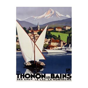Vintage French travel poster PLM Thonon-les-Bains ses eaux by Roger Broders, framed wall art mockup