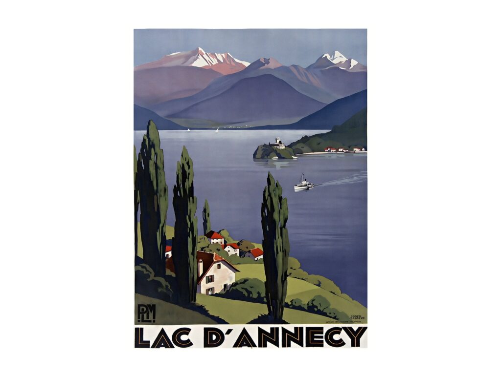Vintage French travel poster PLM Lac d'Annecy by Roger Broders 1930, framed wall art mockup
