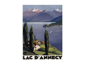 Vintage French travel poster PLM Lac d'Annecy by Roger Broders 1930, framed wall art mockup