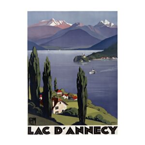 Vintage French travel poster PLM Lac d'Annecy by Roger Broders 1930, framed wall art mockup