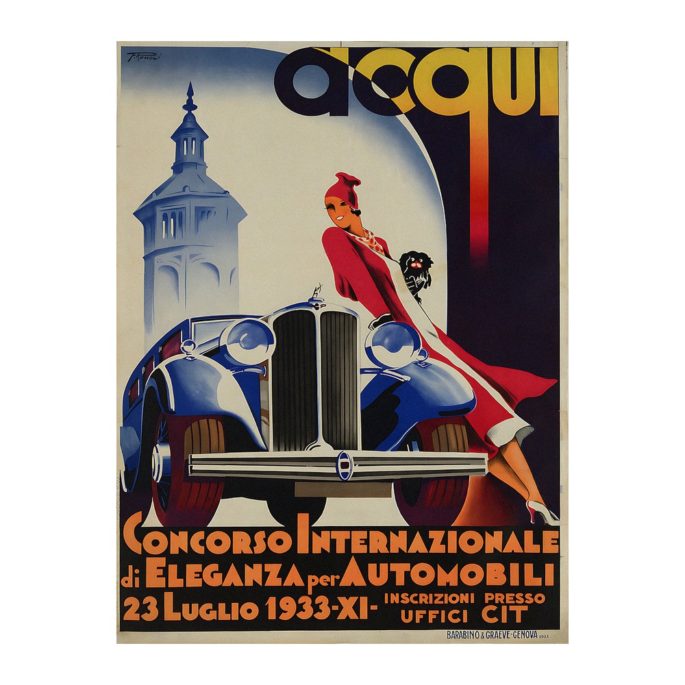 Vintage travel poster Acqui Concorso Internazionale di Eleganza per Automobili by Filippo Romoli 1933, framed wall art mockup