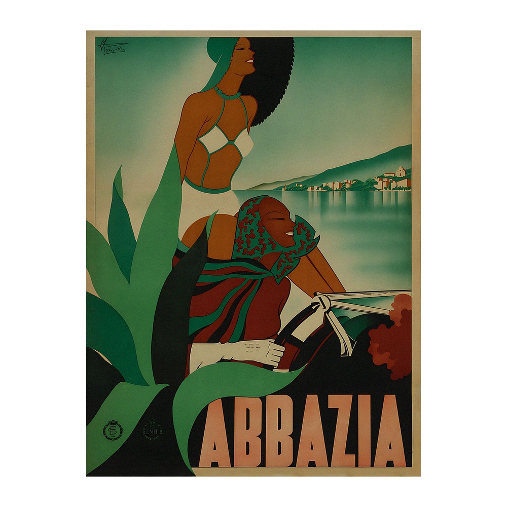 Vintage ENIT travel poster Abbazia by Filippo Romoli 1938, framed wall art mockup