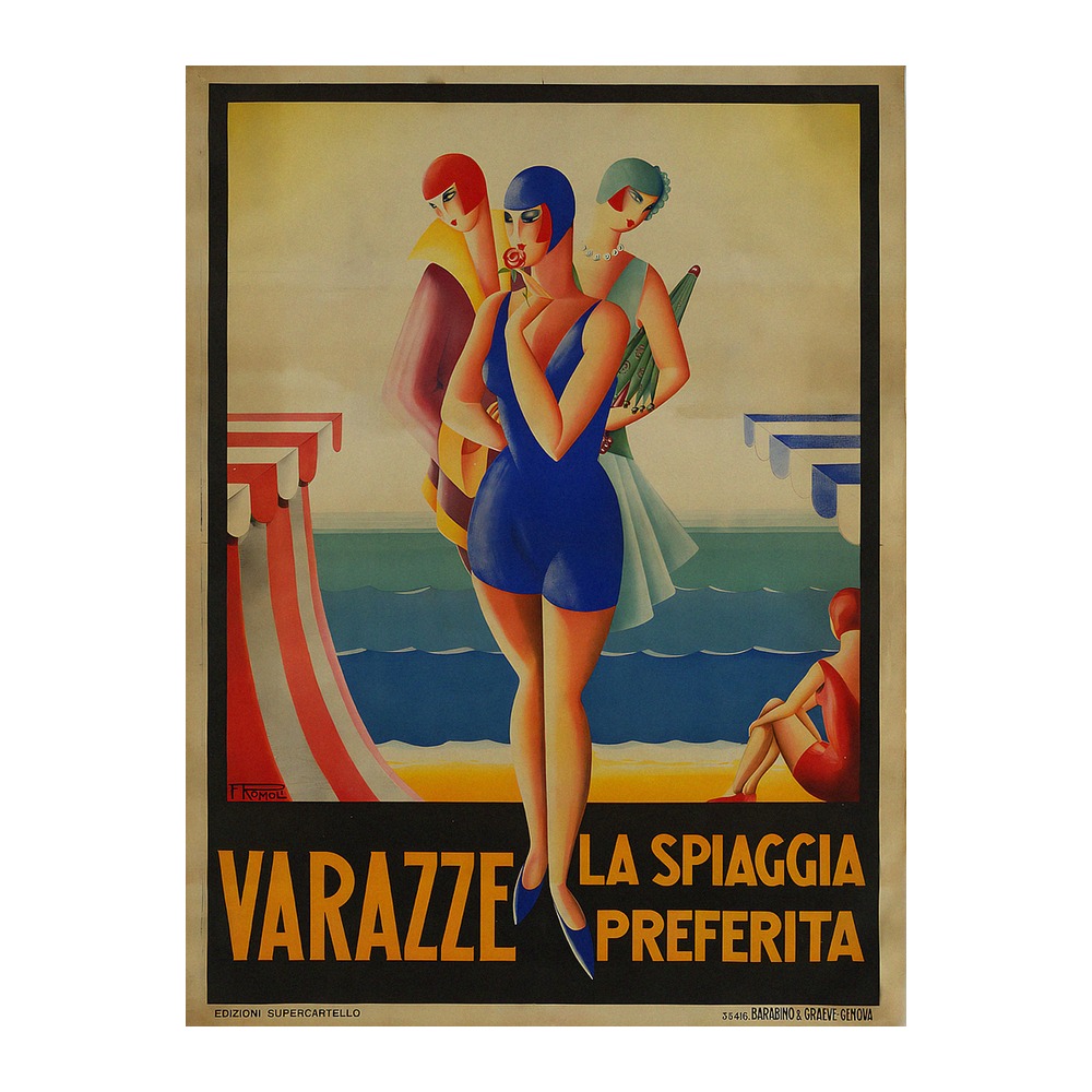 Vintage travel poster Varazza la spiaggia preferita by Filippo Romoli 1929, framed wall art mockup