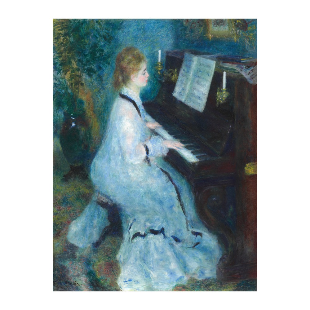 Vintage fine art poster Woman at the Piano by Pierre-Auguste Renoir 1875-1876, framed wall art mockup
