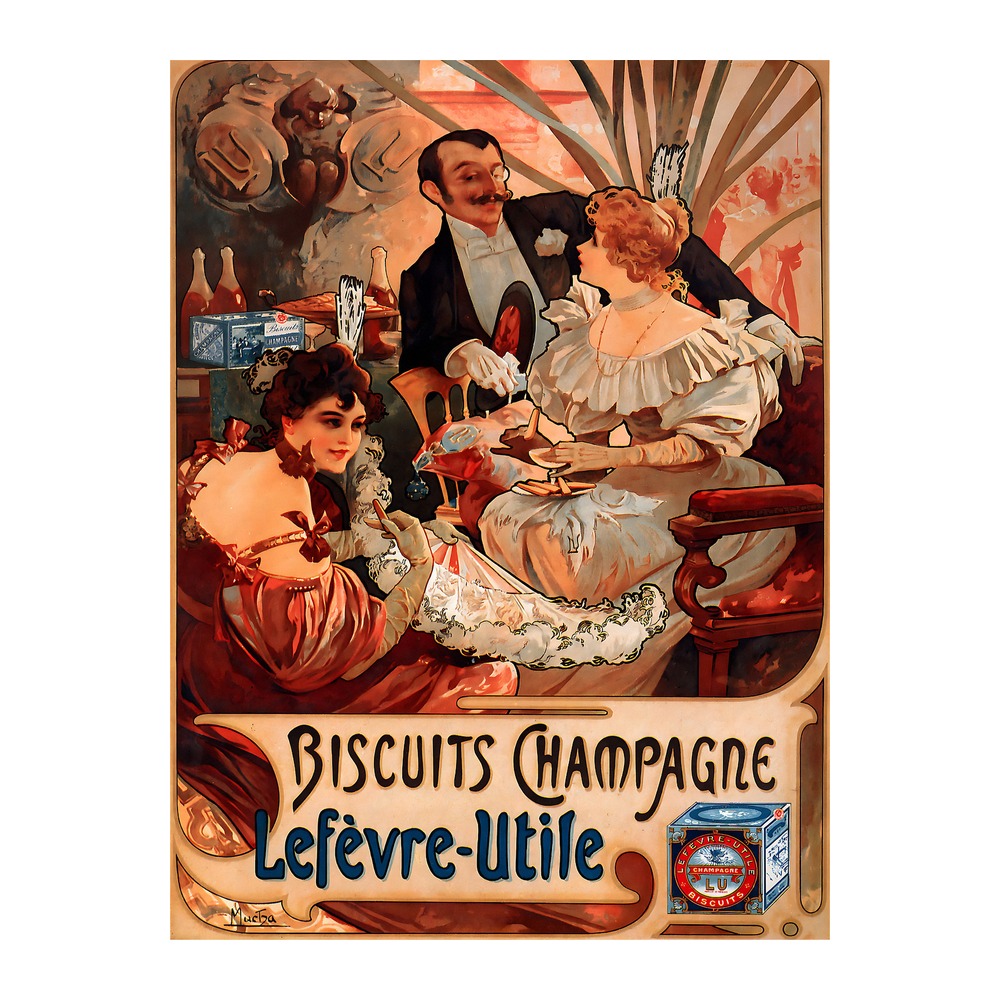 Vintage Art Nouveau food poster Biscuits Champagne Lefèvre-Utile by Alphonse Mucha, 1896, framed wall art mockup