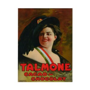 Vintage Italian chocolate poster Cacao Chocolat Talmone by Romolo Bernardi, 1900-1918, framed wall art mockup