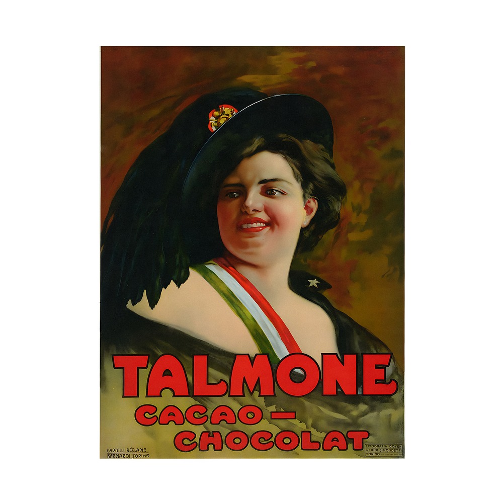 Vintage Italian chocolate poster Cacao Chocolat Talmone by Romolo Bernardi, 1900-1918, framed wall art mockup