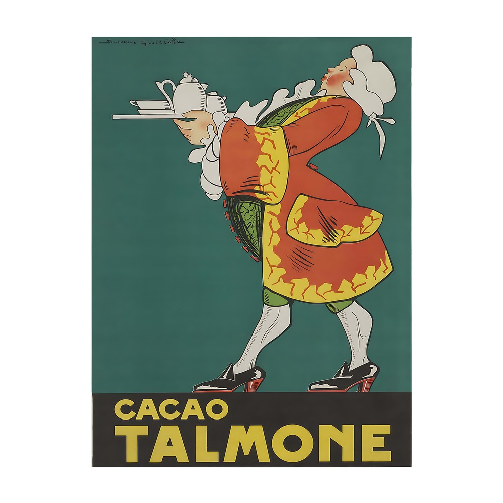 Vintage Italian chocolate poster Cacao Talmone by Simonne Graterolle, 1941, framed wall art mockup