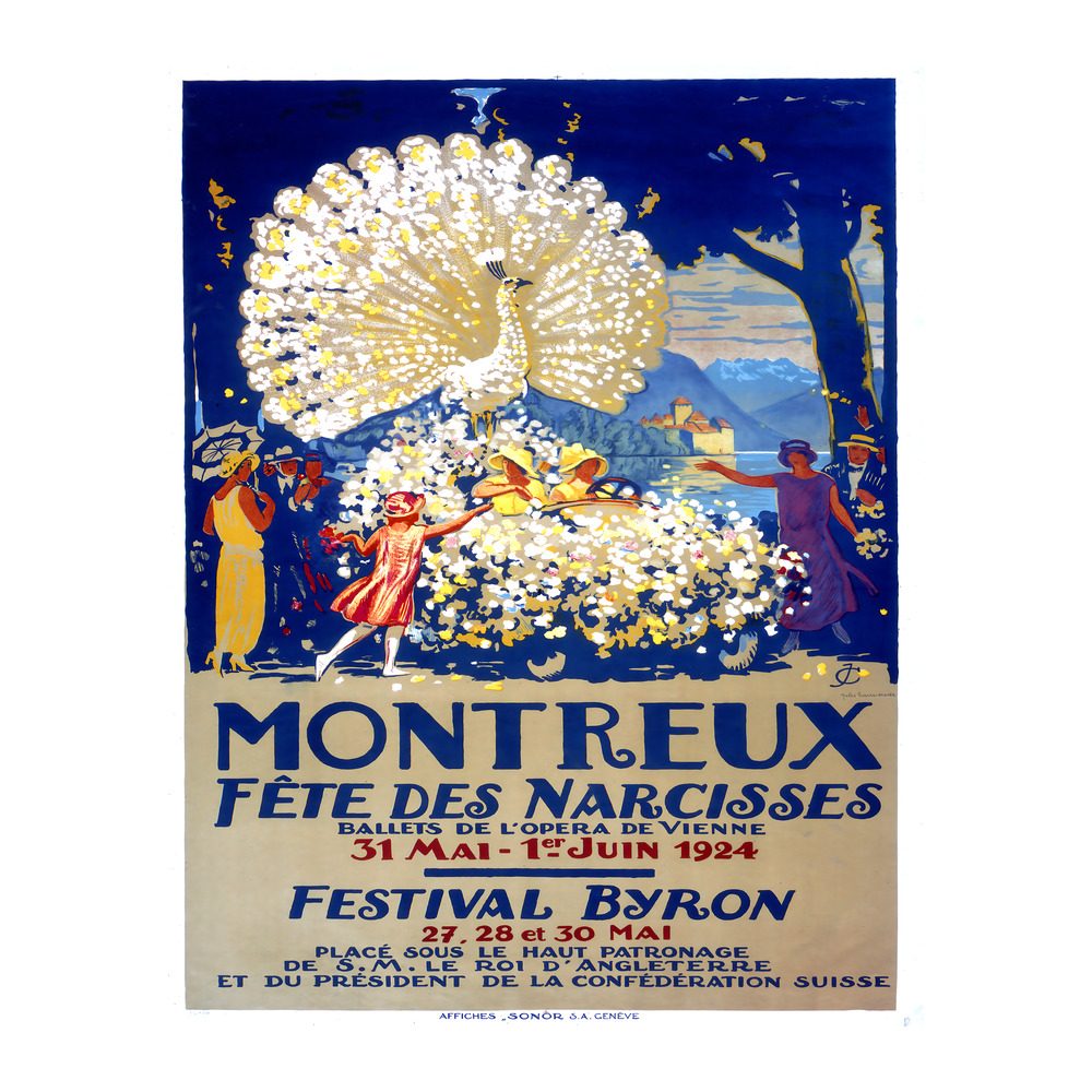 Fête des Narcisses Montreux by Jules Ami Courvoisier 1924 vintage travel poster - digitally restored printable wall art mockup