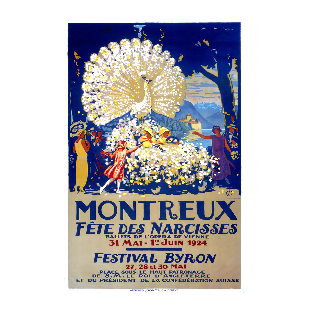 Fête des Narcisses Montreux by Jules Ami Courvoisier 1924 vintage travel poster - digitally restored printable wall art mockup