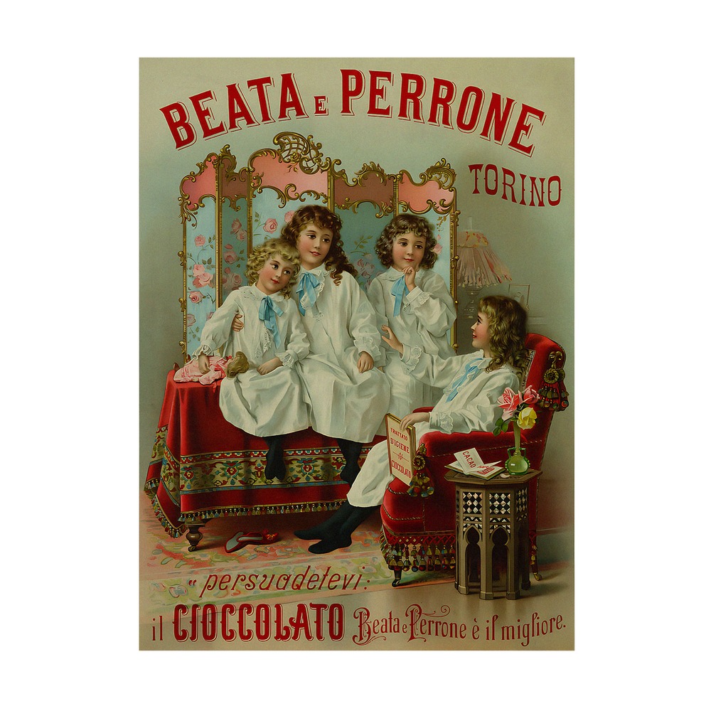 Vintage Italian chocolate poster Il Cioccolato Beata e Perrone Torino 1890-1900, framed wall art mockup