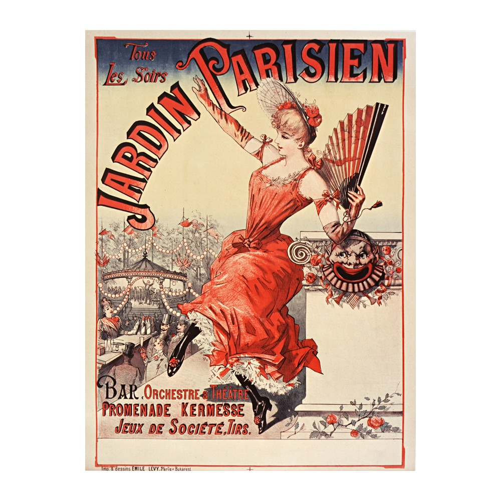 Vintage entertainment poster Jardin Parisien Orchestre et Théâtre 1890, framed wall art mockup