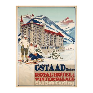 Gstaad Royal Hotel & Winter Palace vintage winter sports poster by Carlo Pellegrini - digitally restored printable wall art mockup