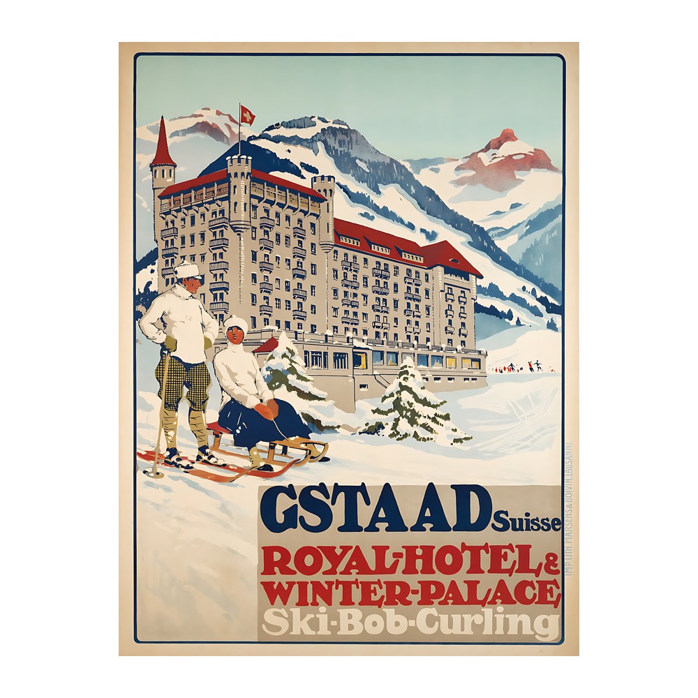 Gstaad Royal Hotel & Winter Palace vintage winter sports poster by Carlo Pellegrini - digitally restored printable wall art mockup