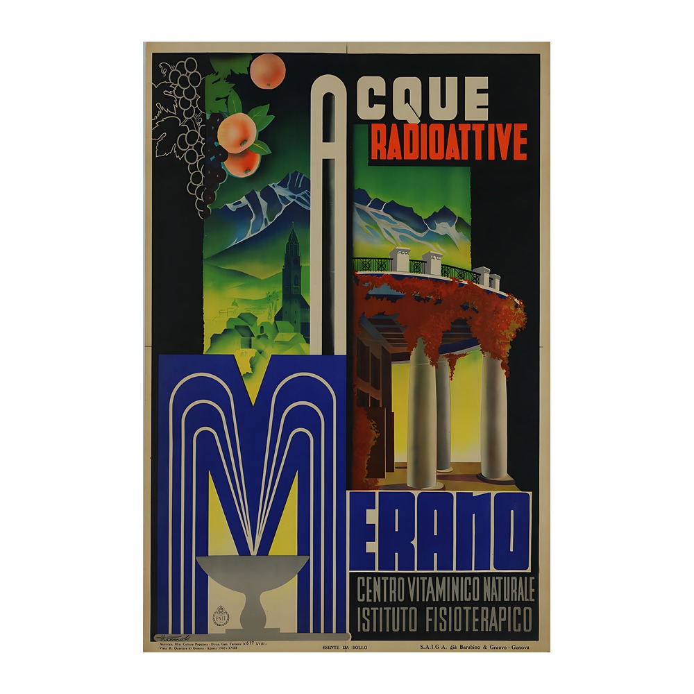 Merano radioactive water vintage ENIT travel poster by Filippo Romoli 1940 - digitally restored printable wall art mockup