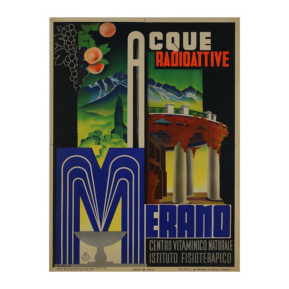 Merano radioactive water vintage ENIT travel poster by Filippo Romoli 1940 - digitally restored printable wall art mockup