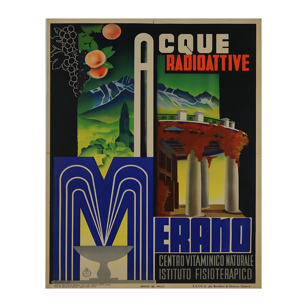 Merano radioactive water vintage ENIT travel poster by Filippo Romoli 1940 - digitally restored printable wall art mockup