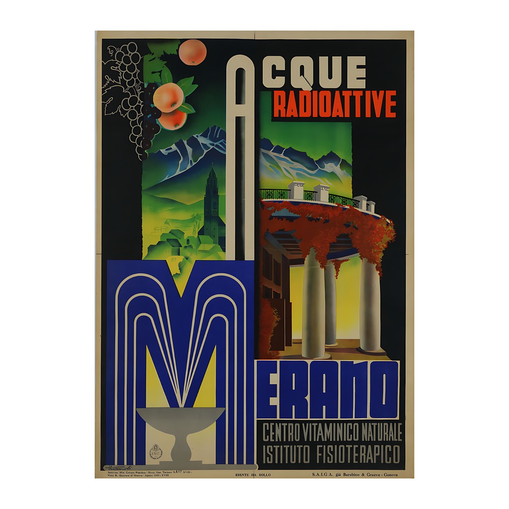Merano radioactive water vintage ENIT travel poster by Filippo Romoli 1940 - digitally restored printable wall art mockup